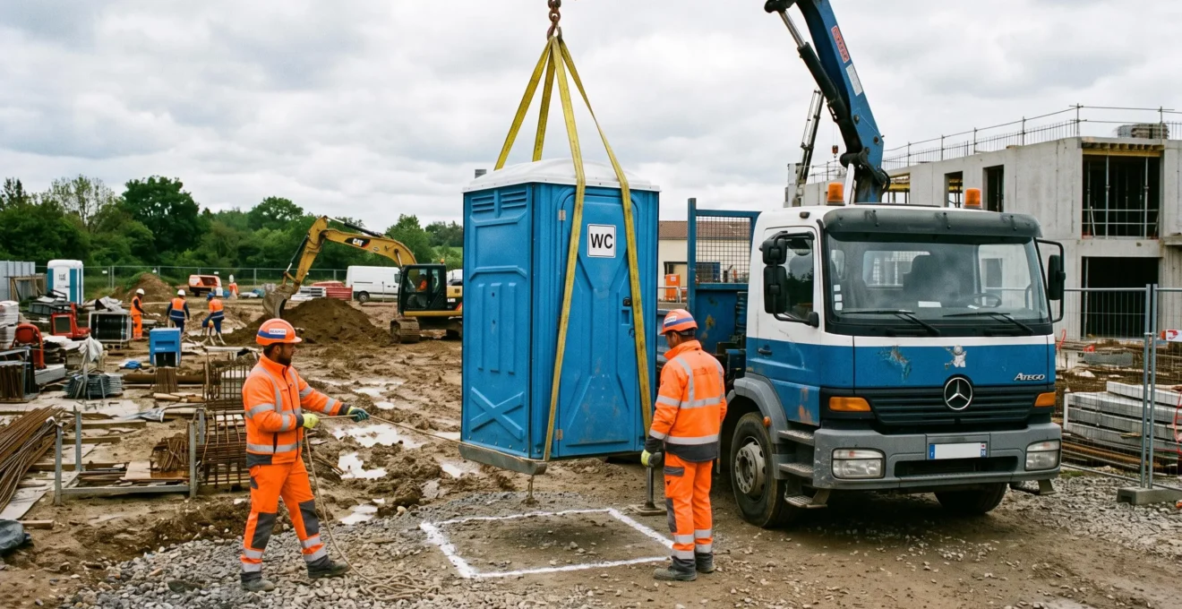Livraison d'une cabine WC autonome par camion-grue sur un chantier