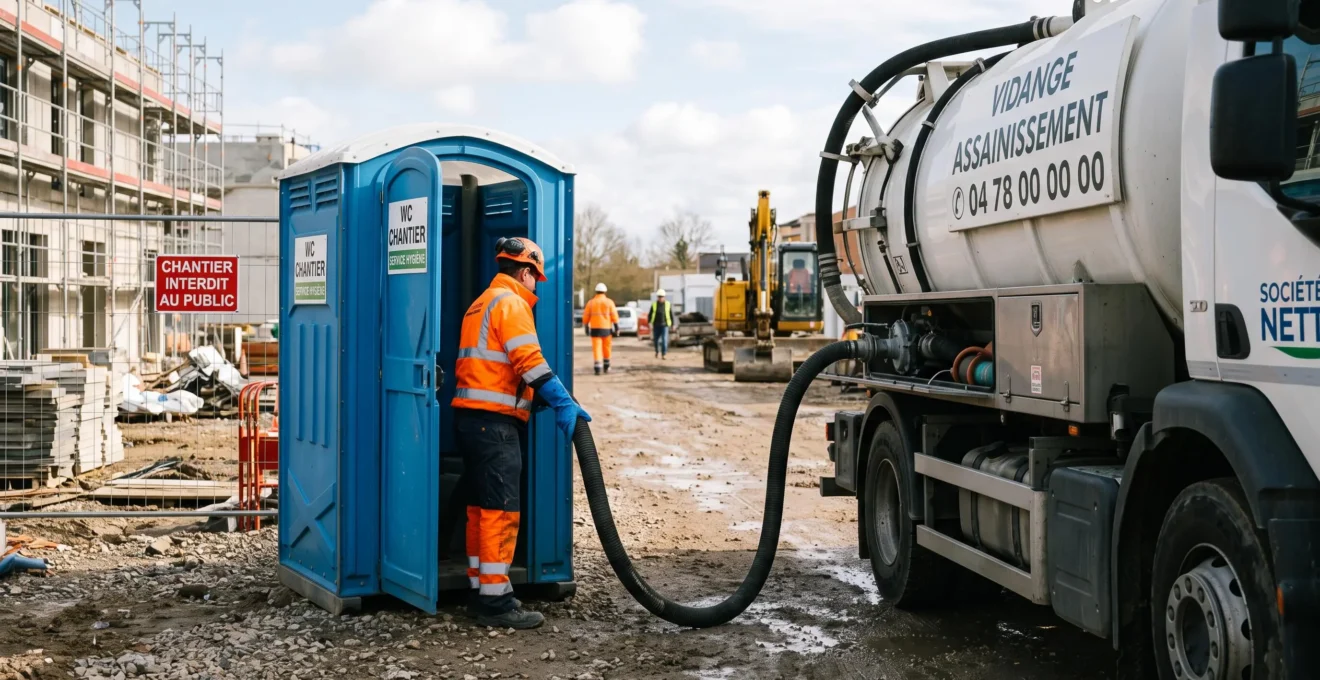Camion de vidange effectuant l'entretien d'une cabine WC autonome sur un chantier avec technicien manipulant le tuyau d'aspiration