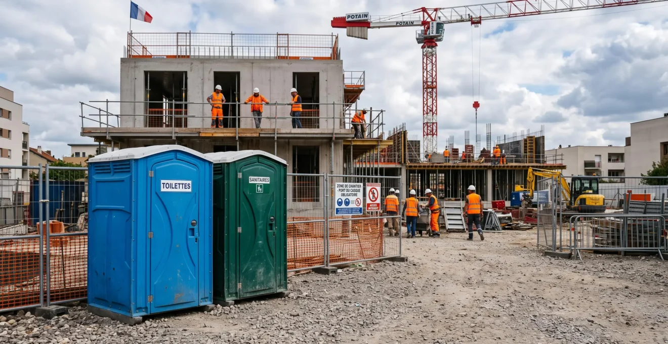 Cabines de WC autonomes installées sur un chantier de construction avec ouvriers en arrière-plan